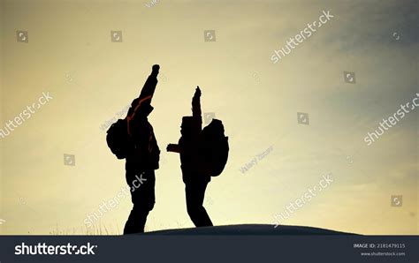 Teamwork Silhouette Handshake Comrades Rejoicing Victory Stock Photo