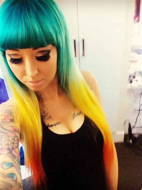 Teal Yellow And Orange Ombre Dip Dyed Hair Hair Color Colorful Hair