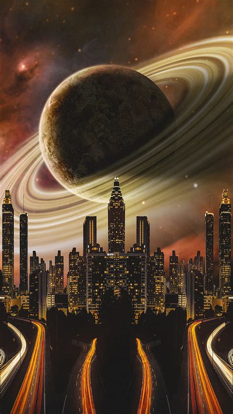 Future City Nebula Planet Road Saturn Skyline Space Stars
