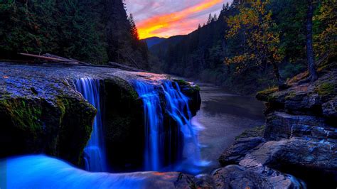 Beautiful Sunset Ower Waterfall Nature Hd Wallpaper
