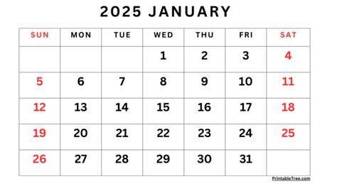 January 2025 Calendar Printable Printable Tree