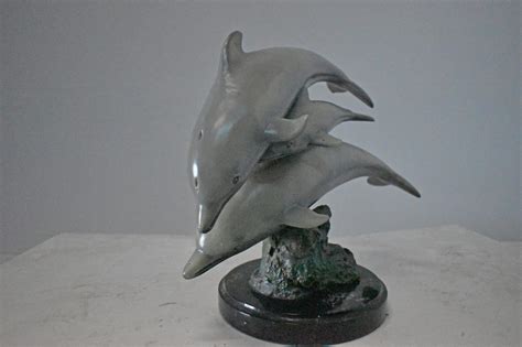 Three Grey Dolphins Swimming Bronze Statue On Marble Size 16l X 9w