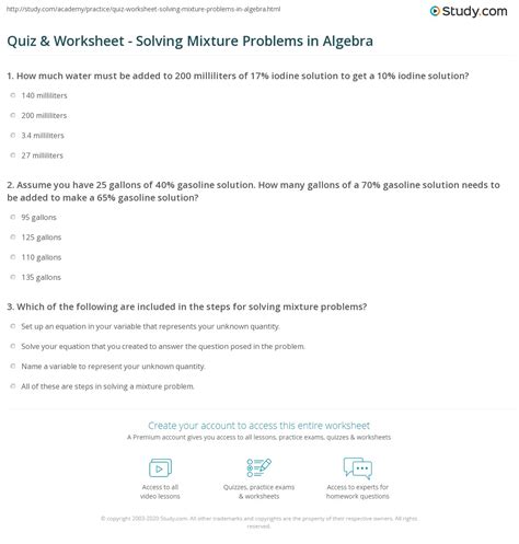 These equations worksheets are a good resource for students in the 5th grade through the. Quiz & Worksheet - Solving Mixture Problems in Algebra ...