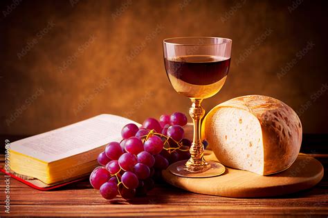 Holy Communion On Wooden Table On Churchtaking Holy Communioncup Of