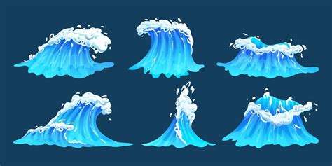 Cartoon Sea Waves Collection Set Of Blue Ocean Waves With White Foam