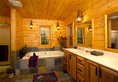 Few things say rustic like natural wood finishes. Log Home Bathrooms