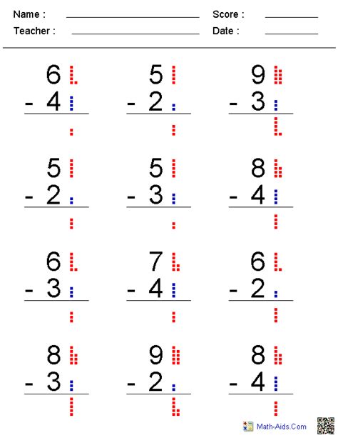 Worksheet will open in a new window. Subtracting with Dots | Subtraction worksheets, Kindergarten math worksheets, Kindergarten ...