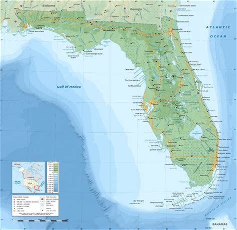 Large Detailed Physical Map Of Florida State Florida State USA