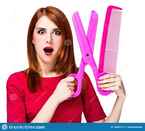 Redhead Girl With Big Scissors And Comb Stock Image Image Of Huge