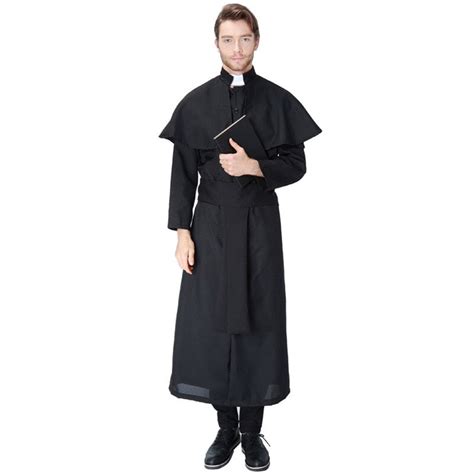 Adult Men Halloween Churchman Clergy Christian Costume Black Gown Robe