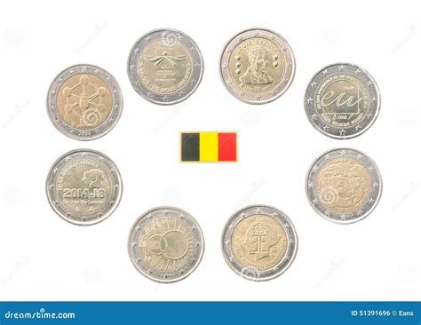 Set Of Commemorative 2 Euro Coins Of Belgium Stock Photo Image Of