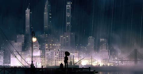 Anime City Night Rain Megacity Metropolis