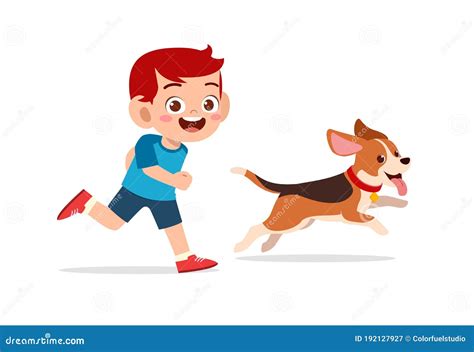 Niño Pequeño Y Lindo Feliz Jugando Con Perro Mascota Ilustración Del