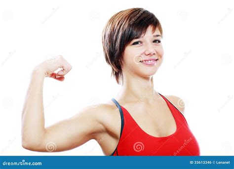 Woman Flexing Biceps Stock Photo Image Of Halflength 33613346