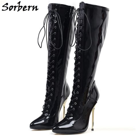 Sorbern Fashion Knee High Boots Patent Black Metal High Heel 14cm