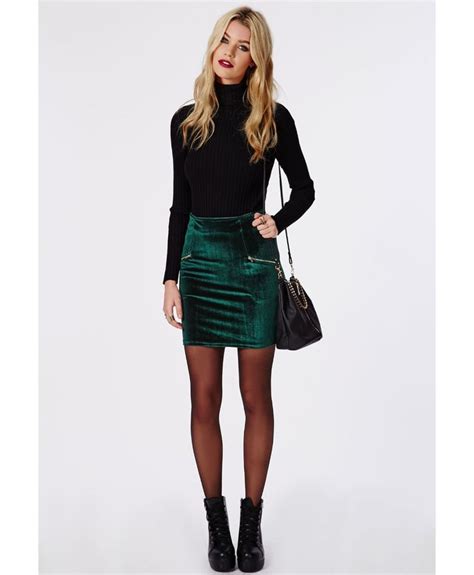 Missguided Velvet Zip Detail Mini Skirt Dark Green In Green