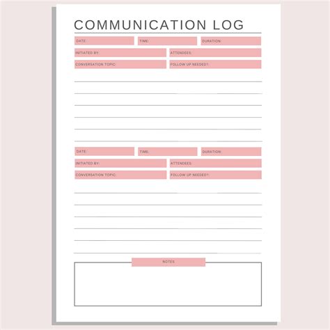 Communication Log Printable Conversation Record Team Call Important