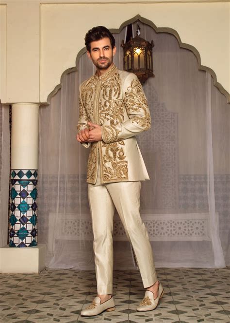 Buy Creamy Prince Suit With Golden Embroidery Shameel Khan