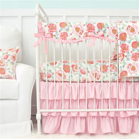 Vintage Floral Bumperless Crib Bedding Set In Blush Pink And Dusty Aqua