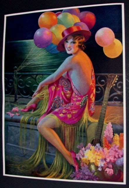 Gene Pressler Vintage 1930s Art Deco Print Of Woman Wearing Shawl With Balloons Illustration