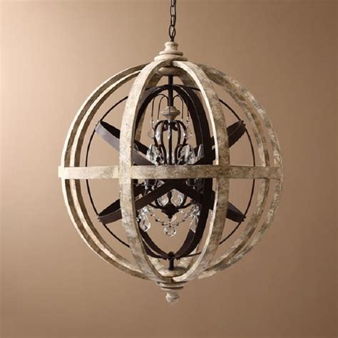 Retro Rustic Weathered Wooden Globe Metal Orb Crystal 5 Light