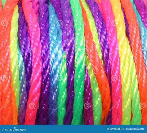 Twine Of Multicolored Synthetic Fabric With Vivid Bright Colors Stock