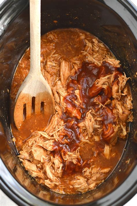After simmering away in the slow cooker, portion it into individual serving containers and store in the fridge or freezer for fast, healthy lunches or an easy, satisfying snack. Healthy Crockpot BBQ Chicken {GF, Low Cal} - Skinny Fitalicious®