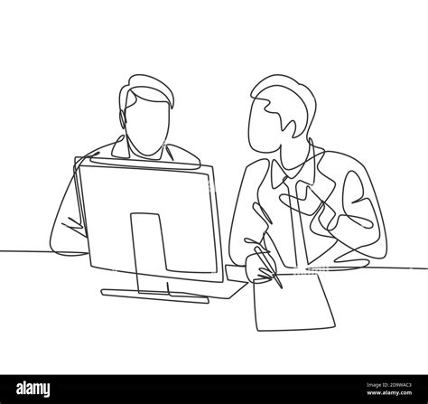Single Continuous Line Drawing Of Two Young Happy Business Owner Discussing Product Innovation