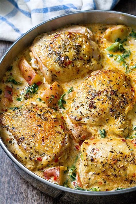 One Pan Chicken And Potatoes With Garlic Parmesan Spinach Cream Sauce