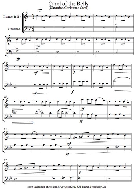 This listing is for an art print. Carol of the Bells sheet music for Trumpet-Trombone Duet ...
