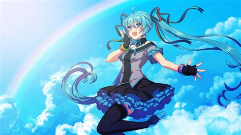 Aqua Eyes Aqua Hair Clouds Gloves Hatsune Miku Long Hair Matsuda Toki Rainbow Ribbons Twintails