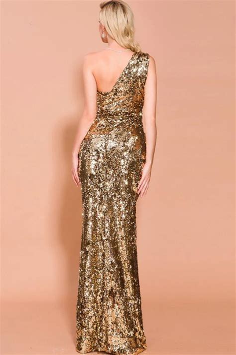Gold One Shoulder Sequins Prom Dress Long With Slit Ruffles