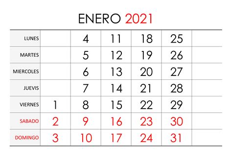 Calendario Enero 2021 Excel