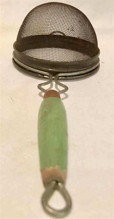 Vintage Midcentury Hand Held Kitchen Strainer With Original Green Painted Wooden Handle