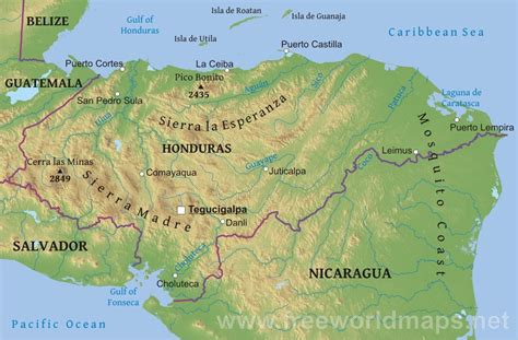 Honduras Physical Map San Pedro Sula Tegucigalpa Roatan Utila