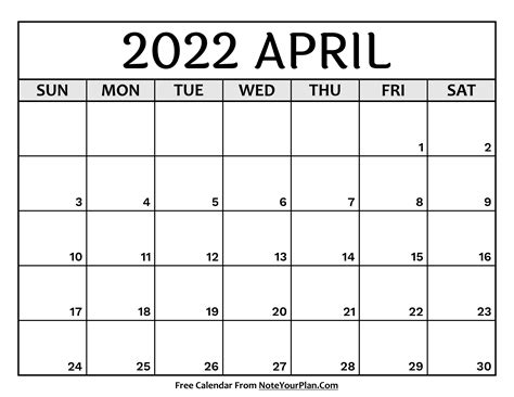Printable April 2022 Calendar Sunday Saturday