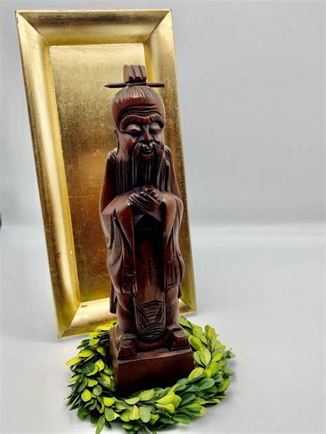 carved statue vintage asian inspired character wood carved etsy   carving statue