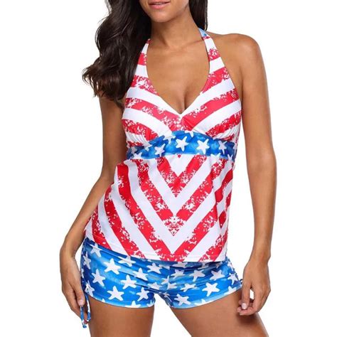 2018 Women American Usa Flag Print Stars Beach Halter Surfing Bandage Bathing Suit Swimwear