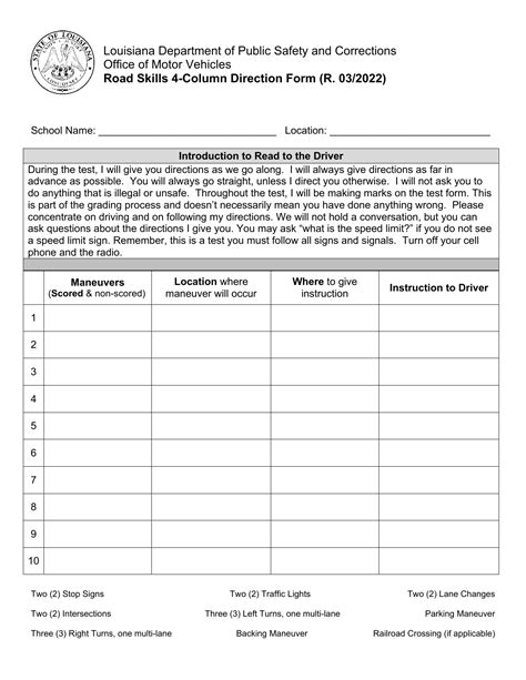Louisiana Road Skills 4-column Direction Form - Fill Out, Sign Online