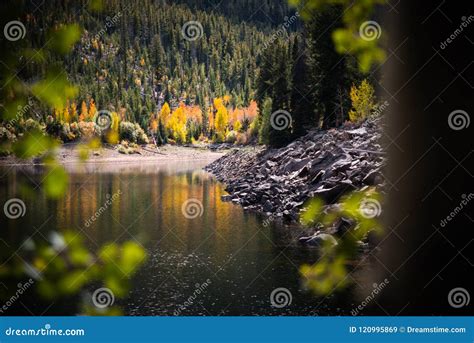 Landscape View Of A Lake Snow Capped Mountains And Fall Foliage Near