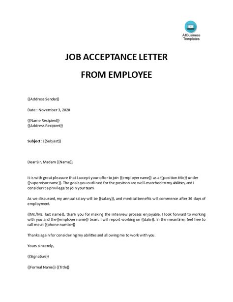 Professional Job Offer Acceptance Letter Templates At