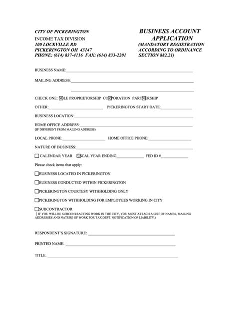 Business Account Application Form City Of Pickerington Printable Pdf