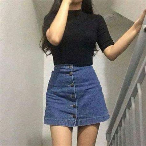 Korean Fashion Black Fitted Top Denim Skirt Asian Fashion Look