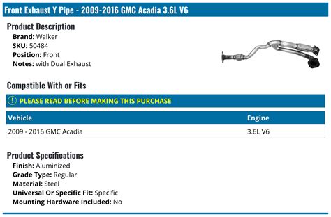 2009 2016 Gmc Acadia Exhaust Y Pipe Walker 50484 Front