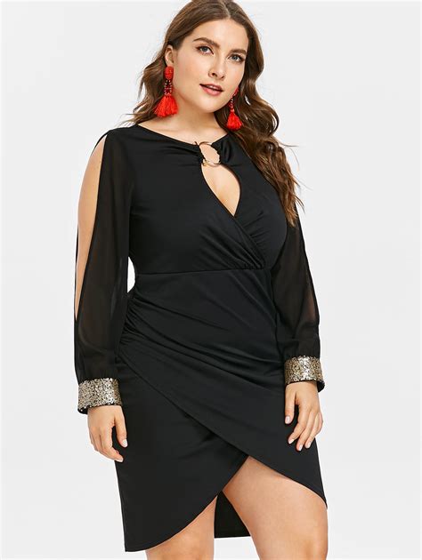 Wipalo Slit Sleeve Plus Size O Ring Sequin Embellished Bodycon Dress Elegant Solid Slip Front