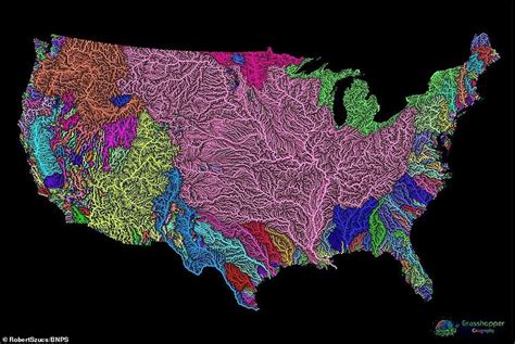 Map Map Shows Every River Basin Of The Us With A Different Color And