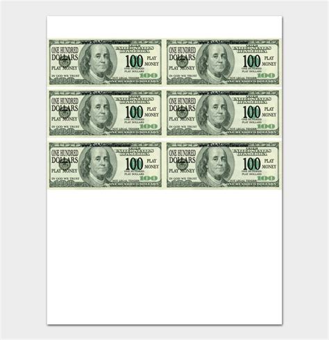 Printable One Dollar Bill Sheet