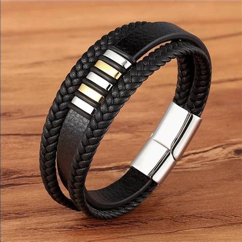 Mens Multi Layer Strap In Braided Leather And Stainless Etsy