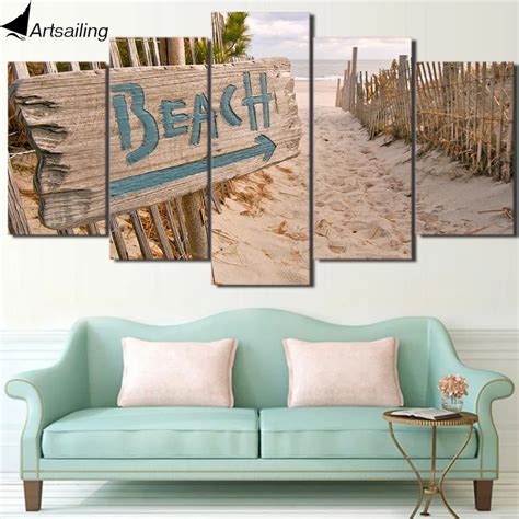 Wall Art Canvas Painting 5 Piece Hd Print Sea Ocean Beach Fence Posters