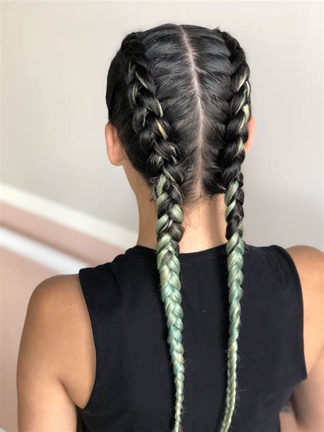 Two french braids hair style on fantasy color hair